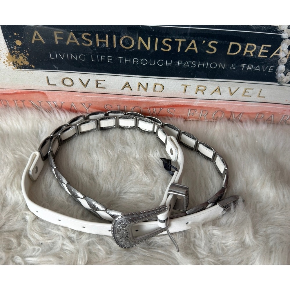 Primark Womens White Western Concho Belt Silver Engraved Hardware Size Large